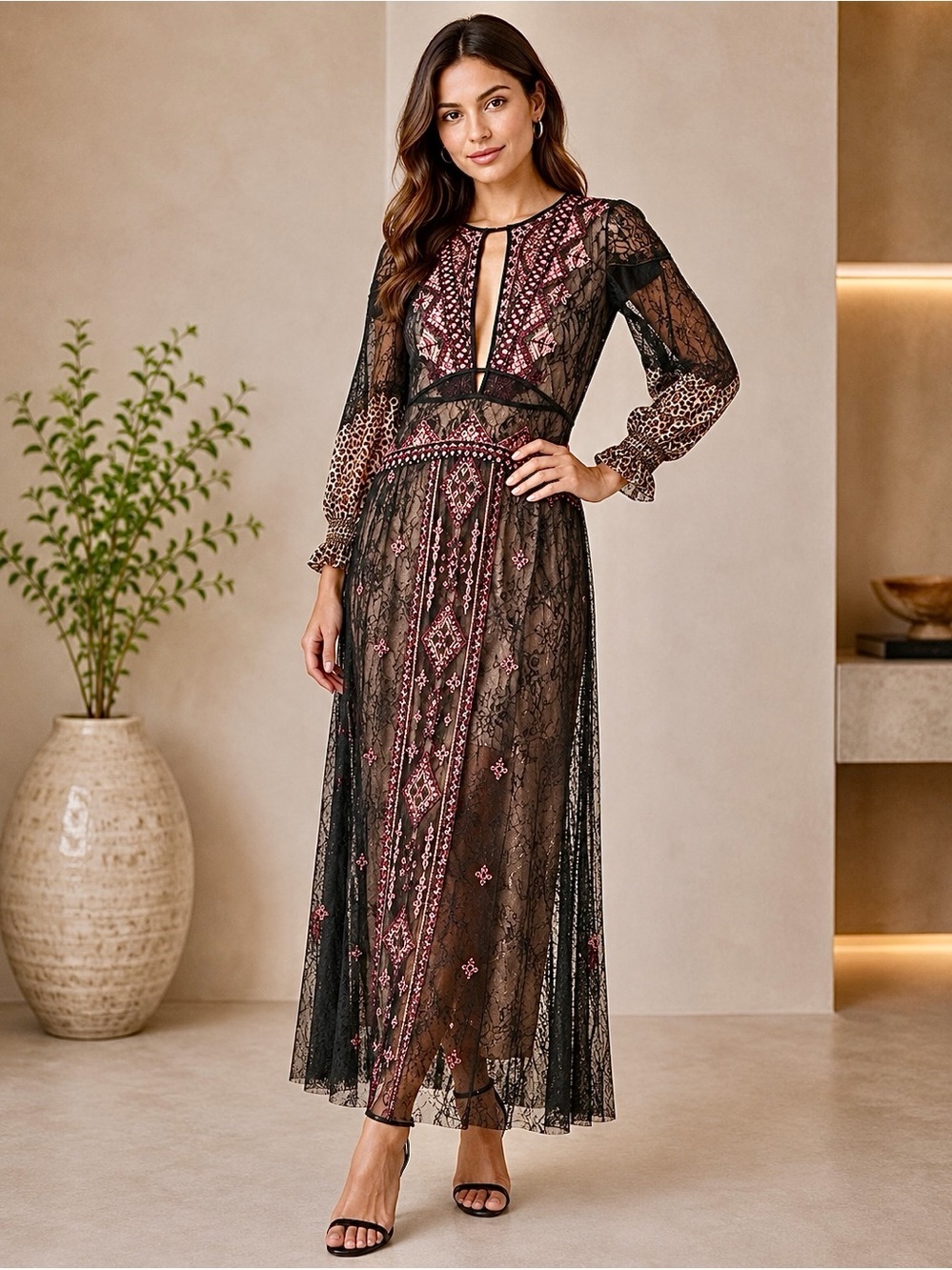 Free People Embroidered Lace Maxi Duster Kimono Boho Gothic Romantic XS